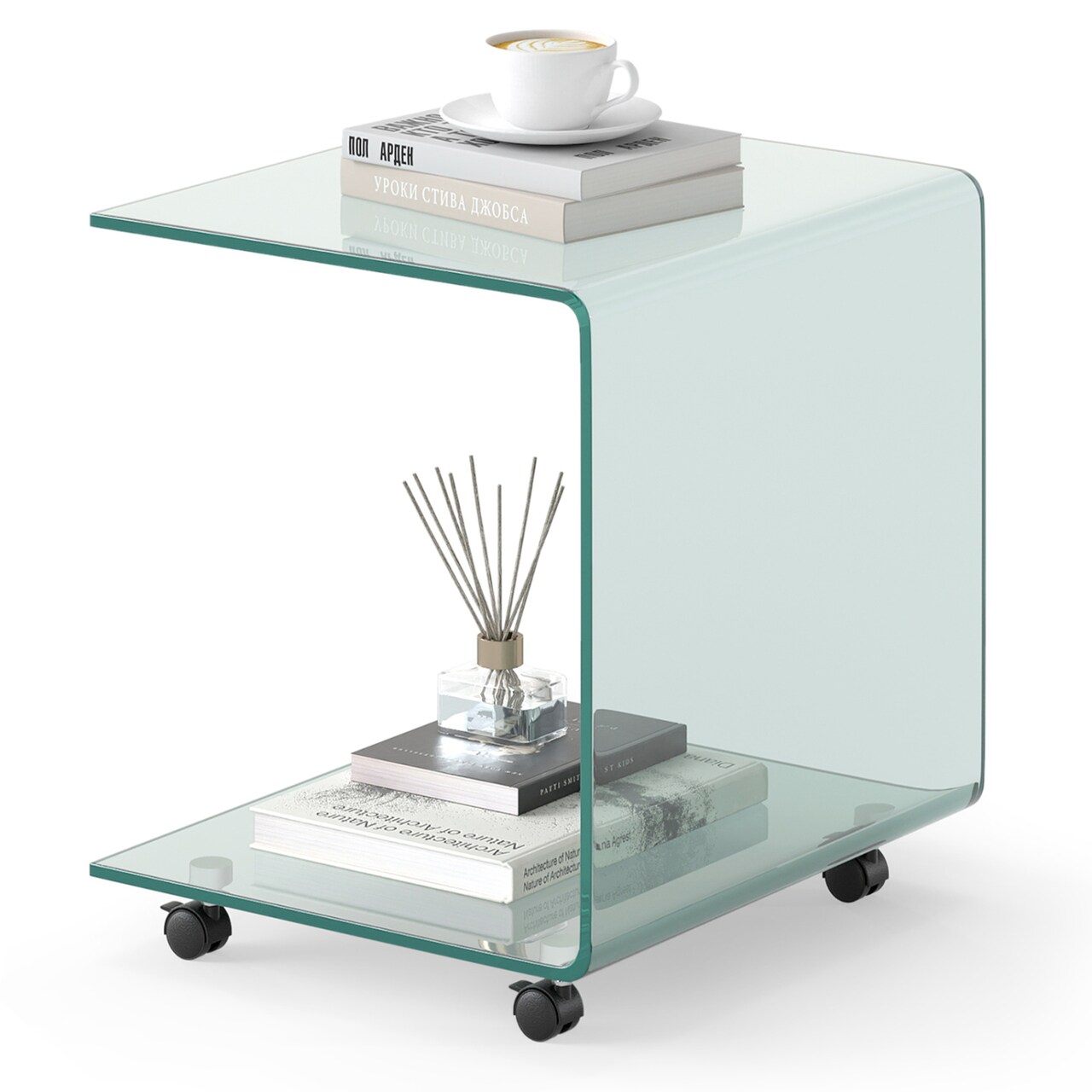 Glass End Table 2-Tier Shelf Mobile Detachable Wheels Sofa Side Table
